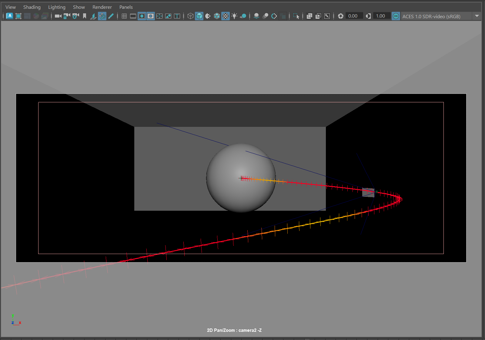 The dotted distortion frame guide shown in a Maya viewport